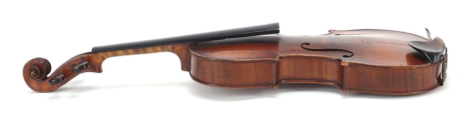 Old wooden violin with scrolled neck, the violin back 13.5 inches in length : For Further - Image 5 of 6