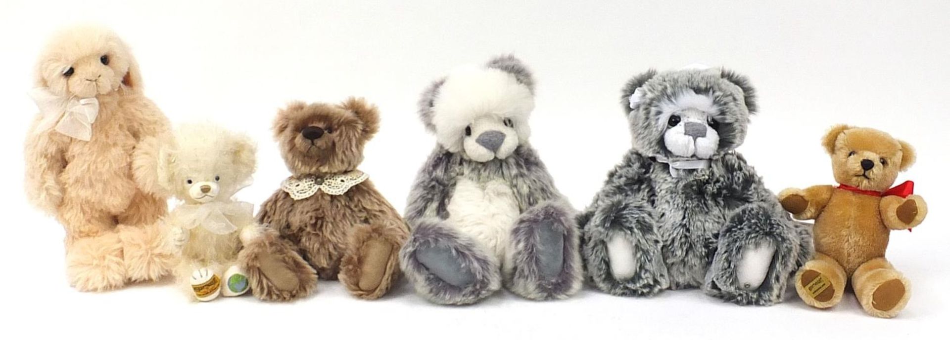 Six teddy bears with jointed limb including Merrythought, Isabelle Lee and Kaycee bears, the largest