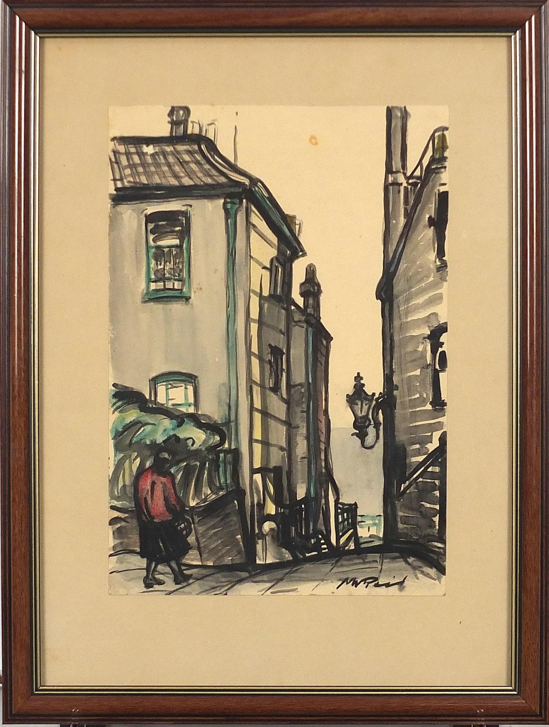 Nina Winder Reid - An alley in Hampstead, watercolour, James Bourlet & Sons label and details verso, - Image 2 of 6