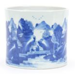 Chinese blue and white porcelain brush pot hand painted with a continuous river landscape, 17cm high