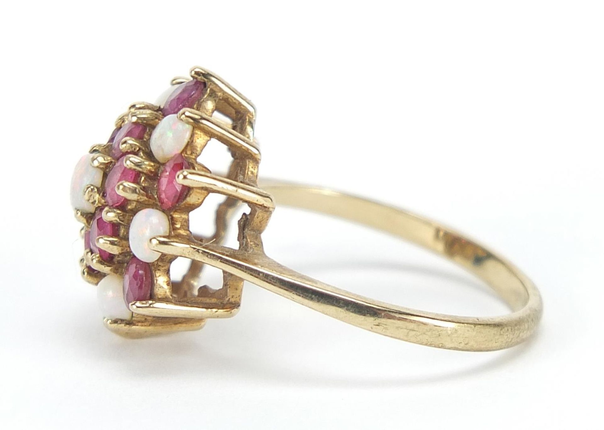 9ct gold opal and ruby three tier cluster ring, size O, 3.6g : For Further Condition Reports - Image 2 of 5