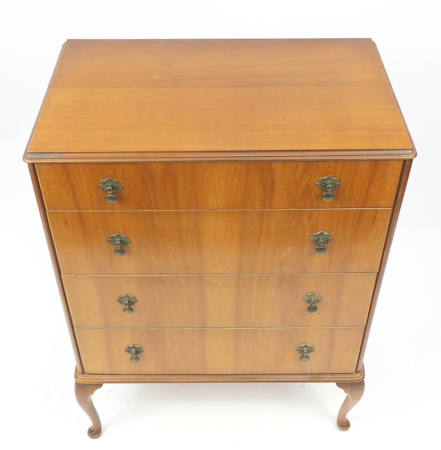 Walnut four drawer chest raised on cabriole legs, 106cm H x 77cm W x 46.5cm D : For Further - Image 3 of 4