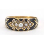 Antique 18ct gold, pearl, diamond and black enamel mourning ring, Chester 1904, size N, 3.6g : For
