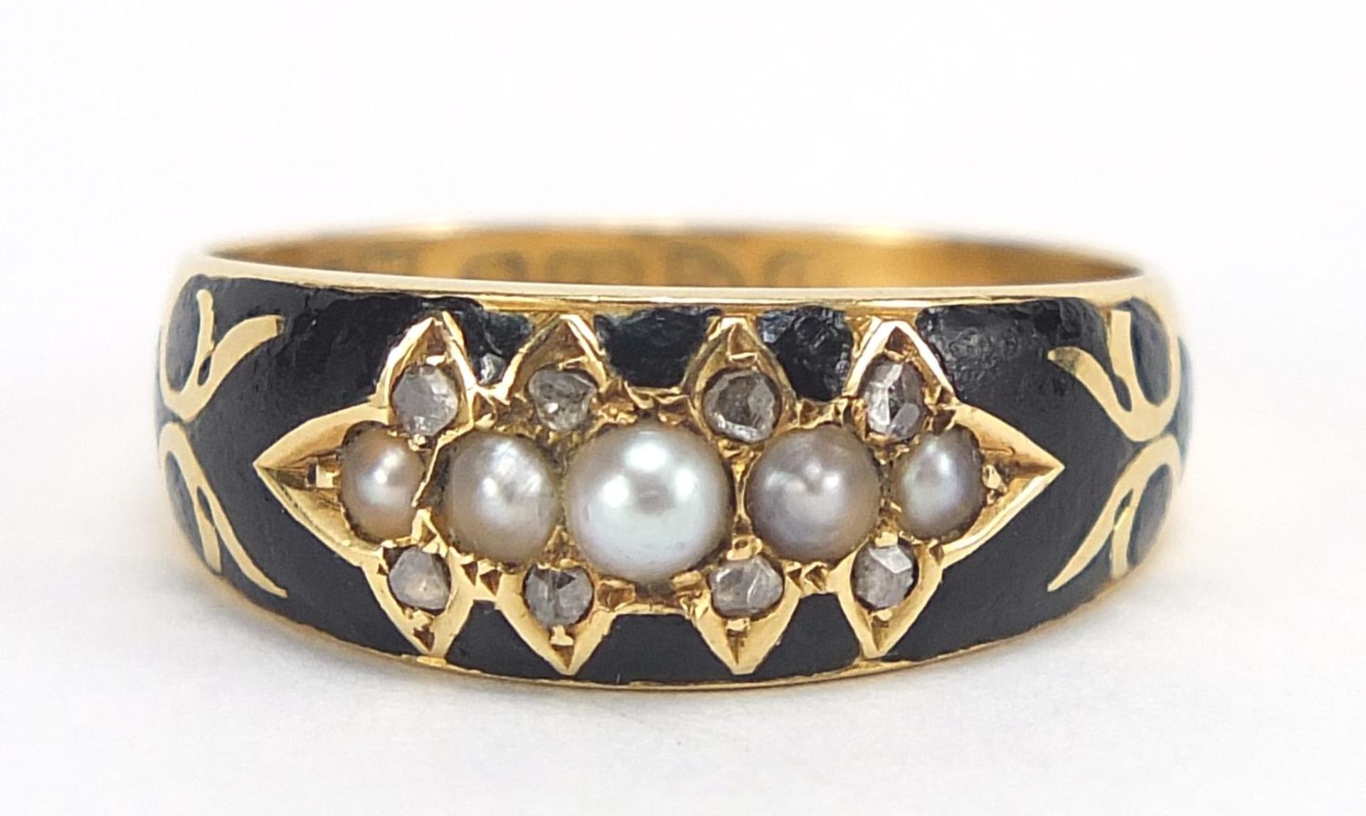 Antique 18ct gold, pearl, diamond and black enamel mourning ring, Chester 1904, size N, 3.6g : For