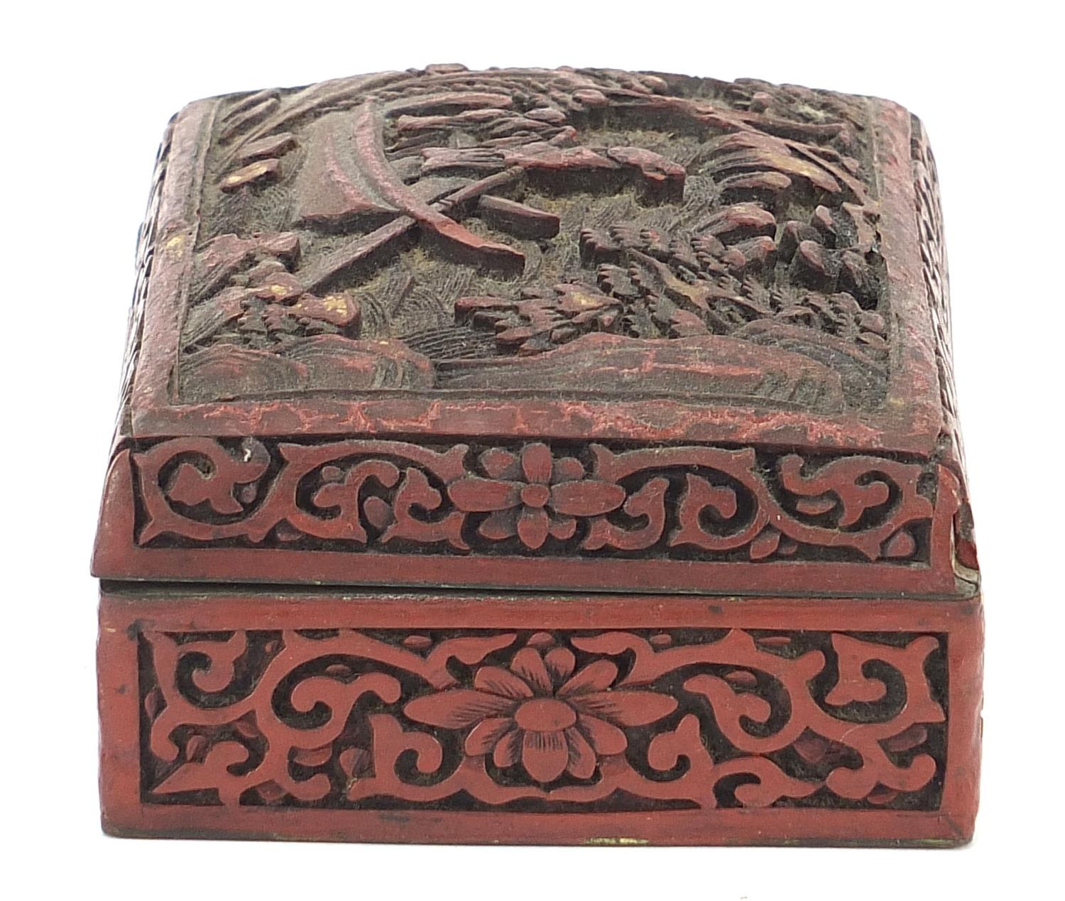 Chinese cinnabar lacquer plate and box with cover, each carved with figures, the largest 21cm in - Image 3 of 10