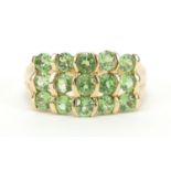 9ct gold green stone three row ring, size M, 3.2g : For Further Condition Reports Please Visit Our