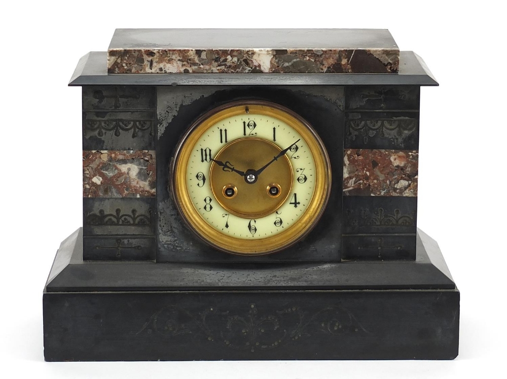 Victorian black slate and marble mantle clock striking on a bell with enamelled chapter ring - Image 2 of 7