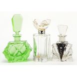 Two Art Deco glass scent bottles and an Oscar De La Renta example, the largest 15cm high : For