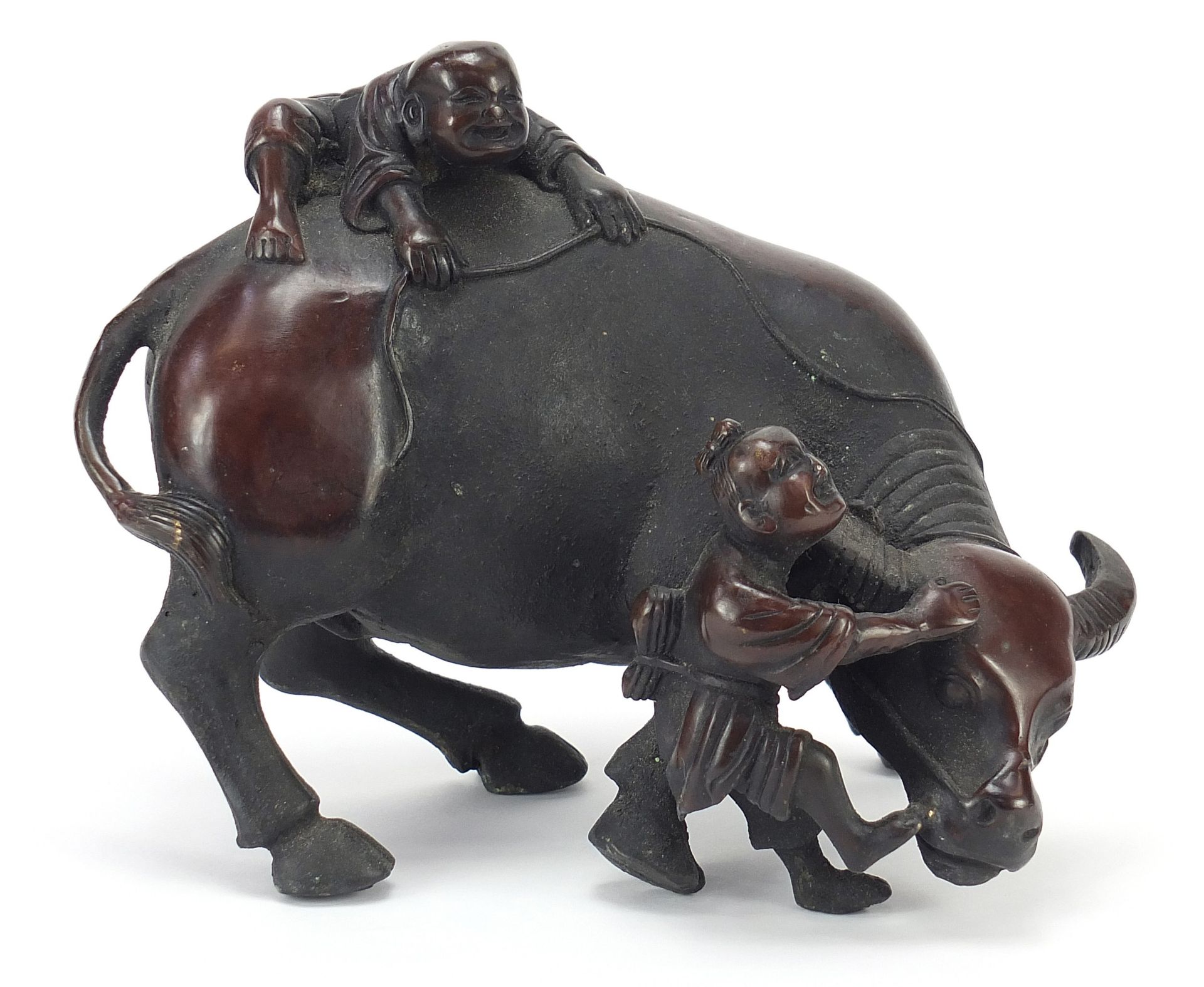 Chinese patinated bronze figure of two boys on a water buffalo, 16cm in length : For Further - Bild 2 aus 8