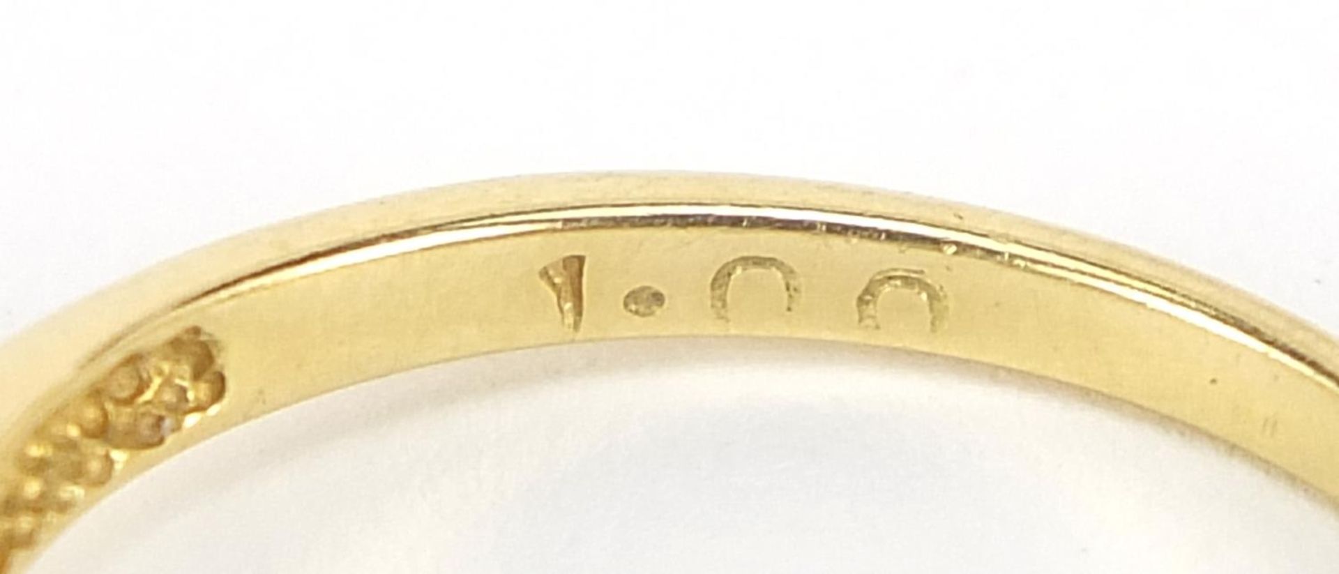 18ct gold diamond three stone ring, the central diamond approximately 4.2mm in diameter, size O, 3. - Image 4 of 6