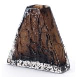 Geoffrey Baxter for Whitefriars, triangular glass vase in cinnamon with paper label, 17.5cm high :
