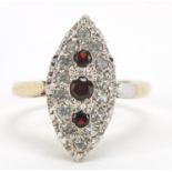 9ct gold garnet and cubic zirconia marquise shape ring, size O, 3.8g : For Further Condition Reports