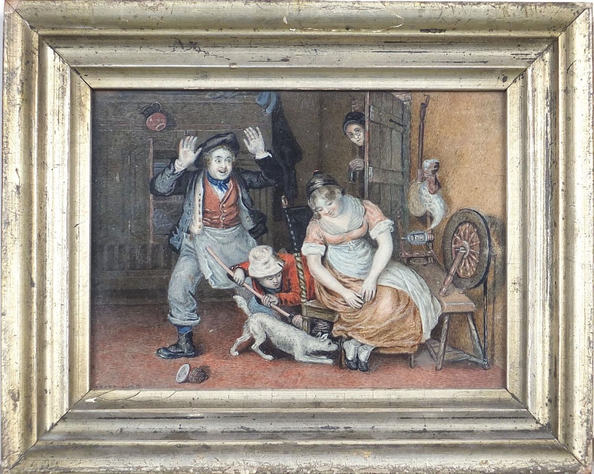 Figures and a dog in an interior beside a spinning wheel, early 19th century watercolour, - Image 2 of 4