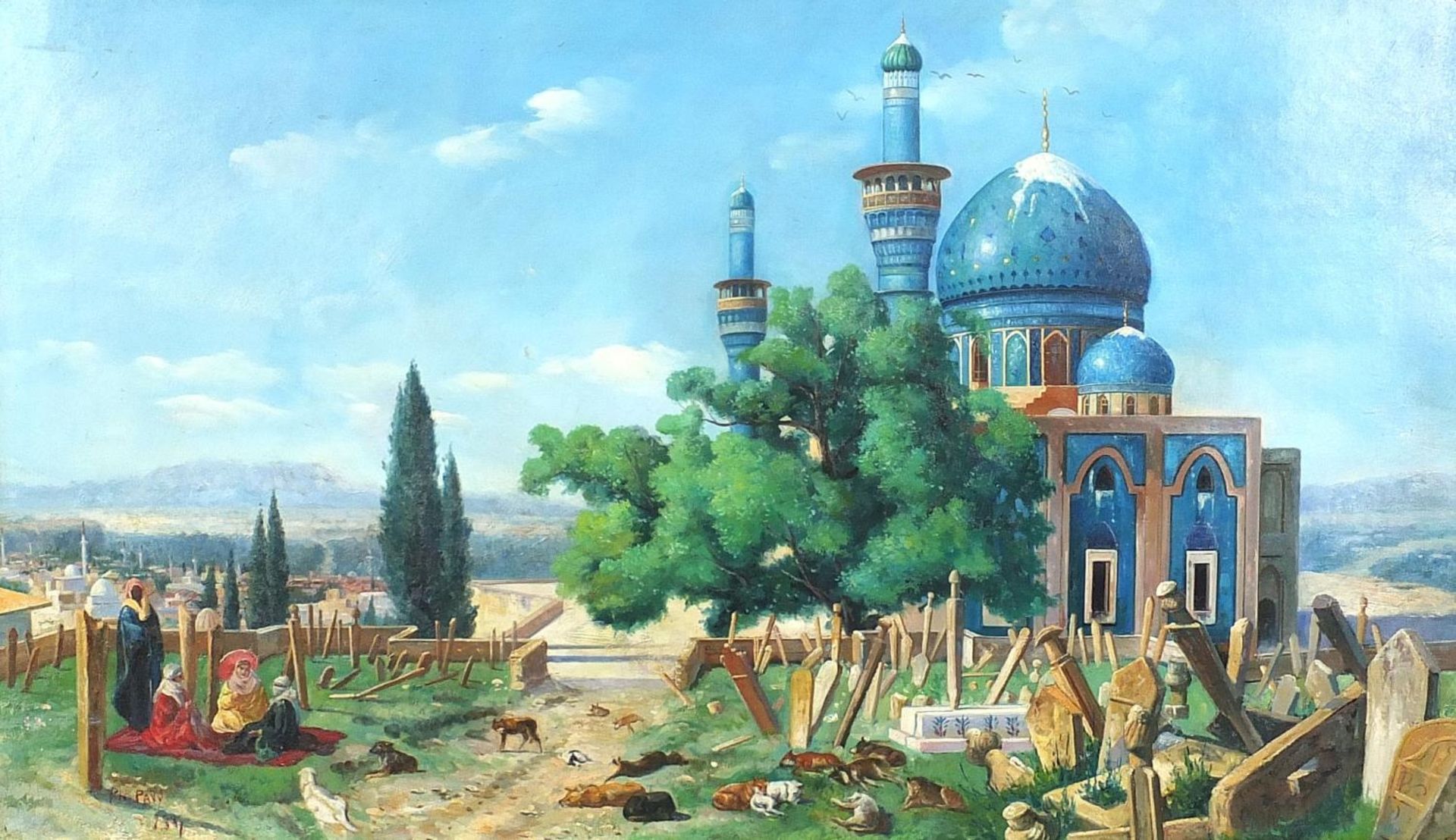 Figures and animals before a mosque, Orientalist Islamic school oil on board, mounted and framed,