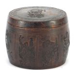Chinese Yixing terracotta barrel pot and cover incised with figures and calligraphy, impressed