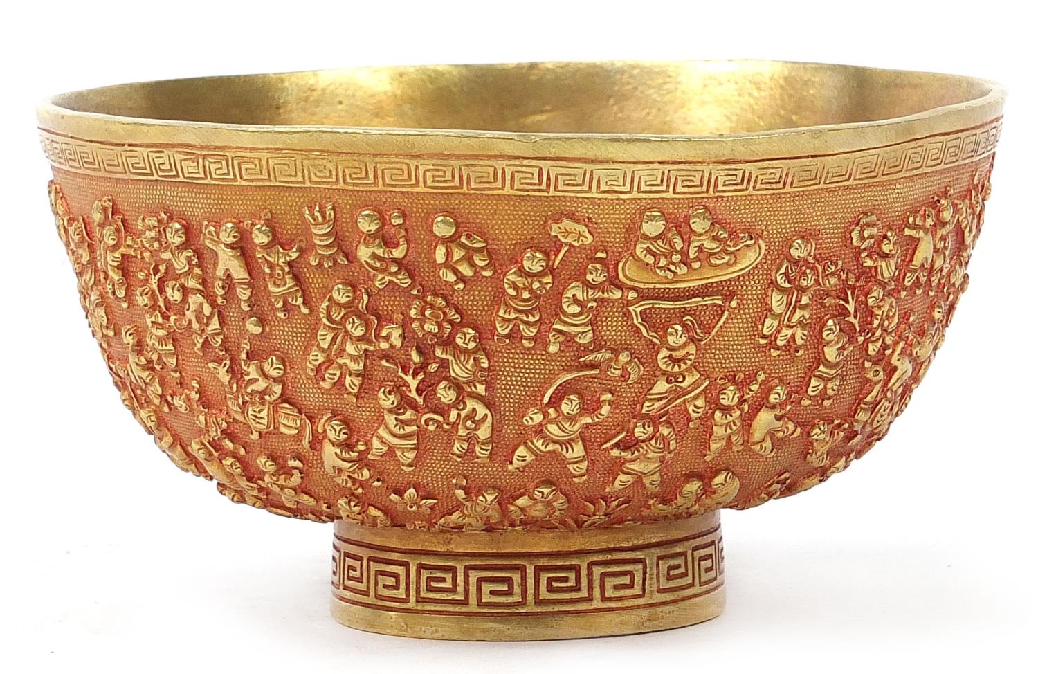 Chinese gilt bronze a thousand children bowl, six figure character marks to the base, 13.5cm in