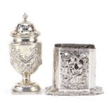 Victorian silver Campana urn caster and Dutch silver matchbox stand/striker, the caster by Henry