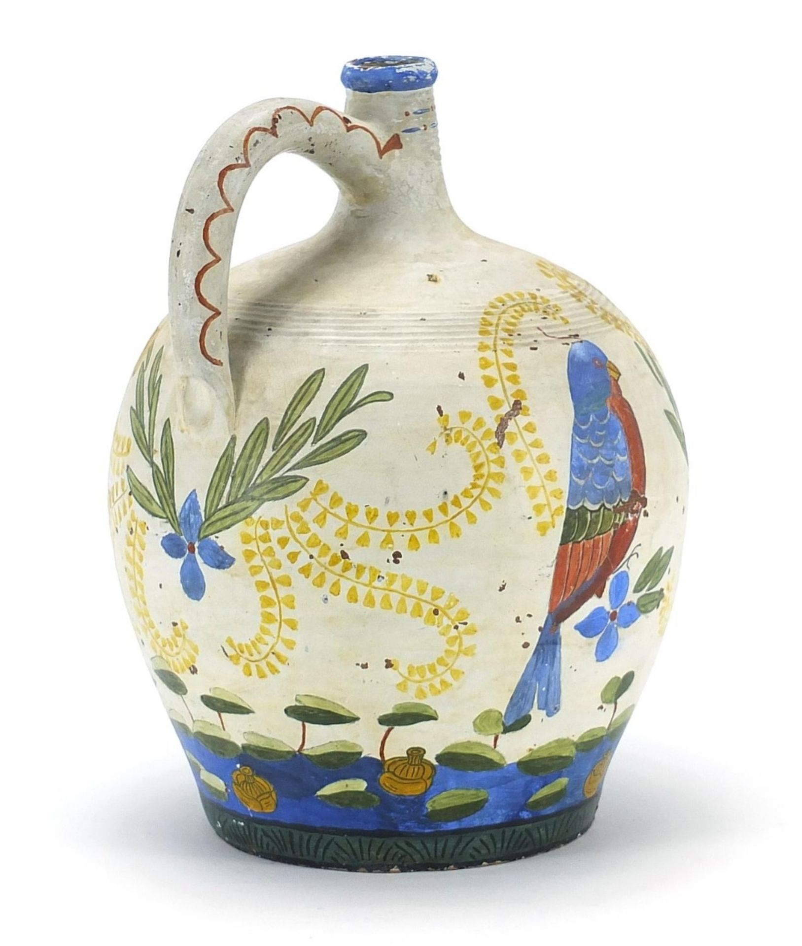 Continental ceramic jug hand painted with birds of paradise and flowers, 28.5cm high : For Further - Image 3 of 5