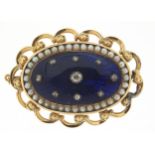 Antique unmarked gold, diamond, seed pearl and blue enamel brooch, the central diamond approximately