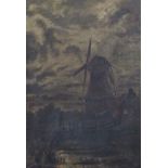Water before a windmill, 19th century Norwich school oil on canvas, mounted and framed, 37cm x 26.