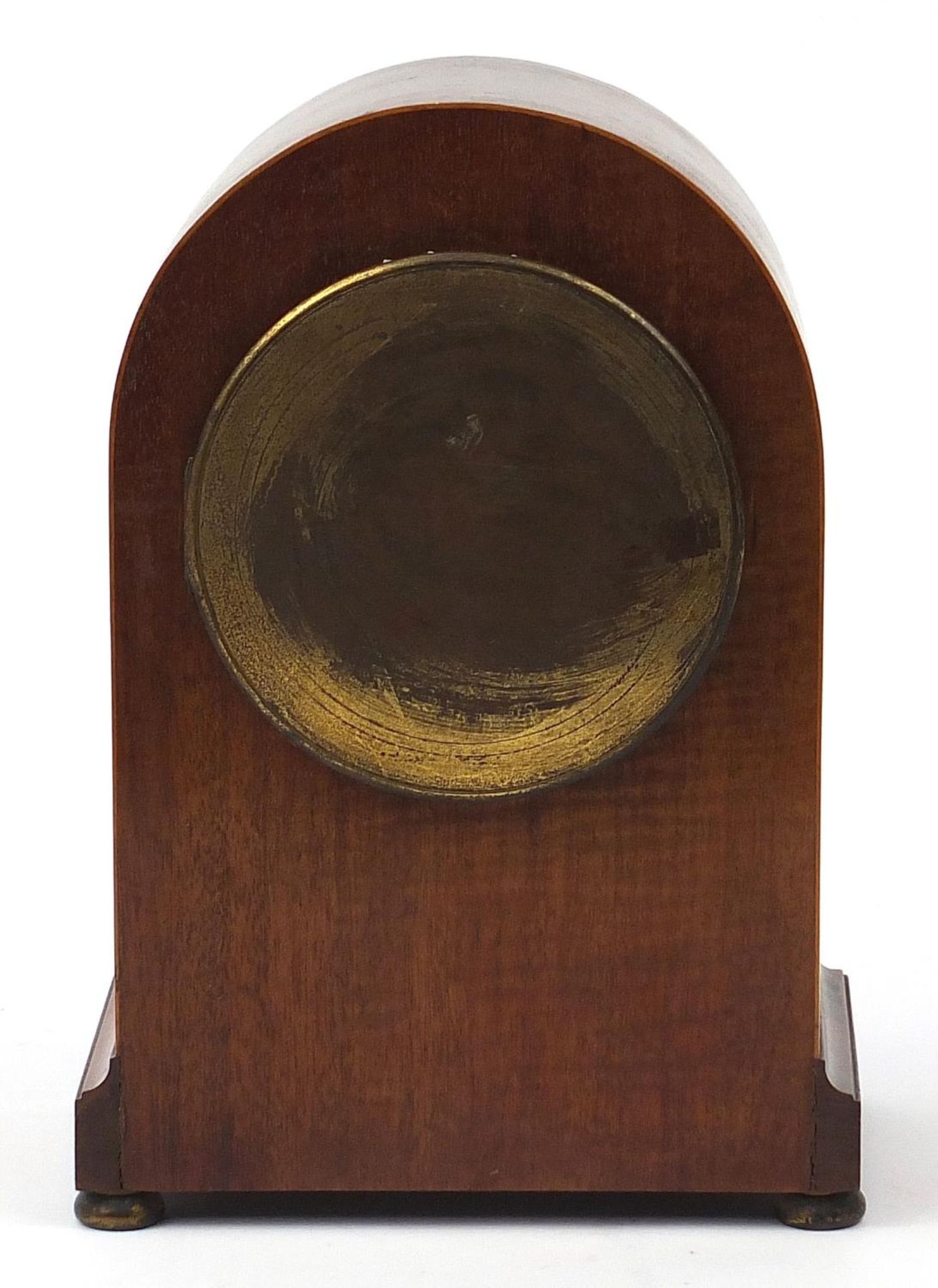 Elkington & Co, Edwardian inlaid mahogany dome top mantle clock striking on a gong with enamel - Image 6 of 10