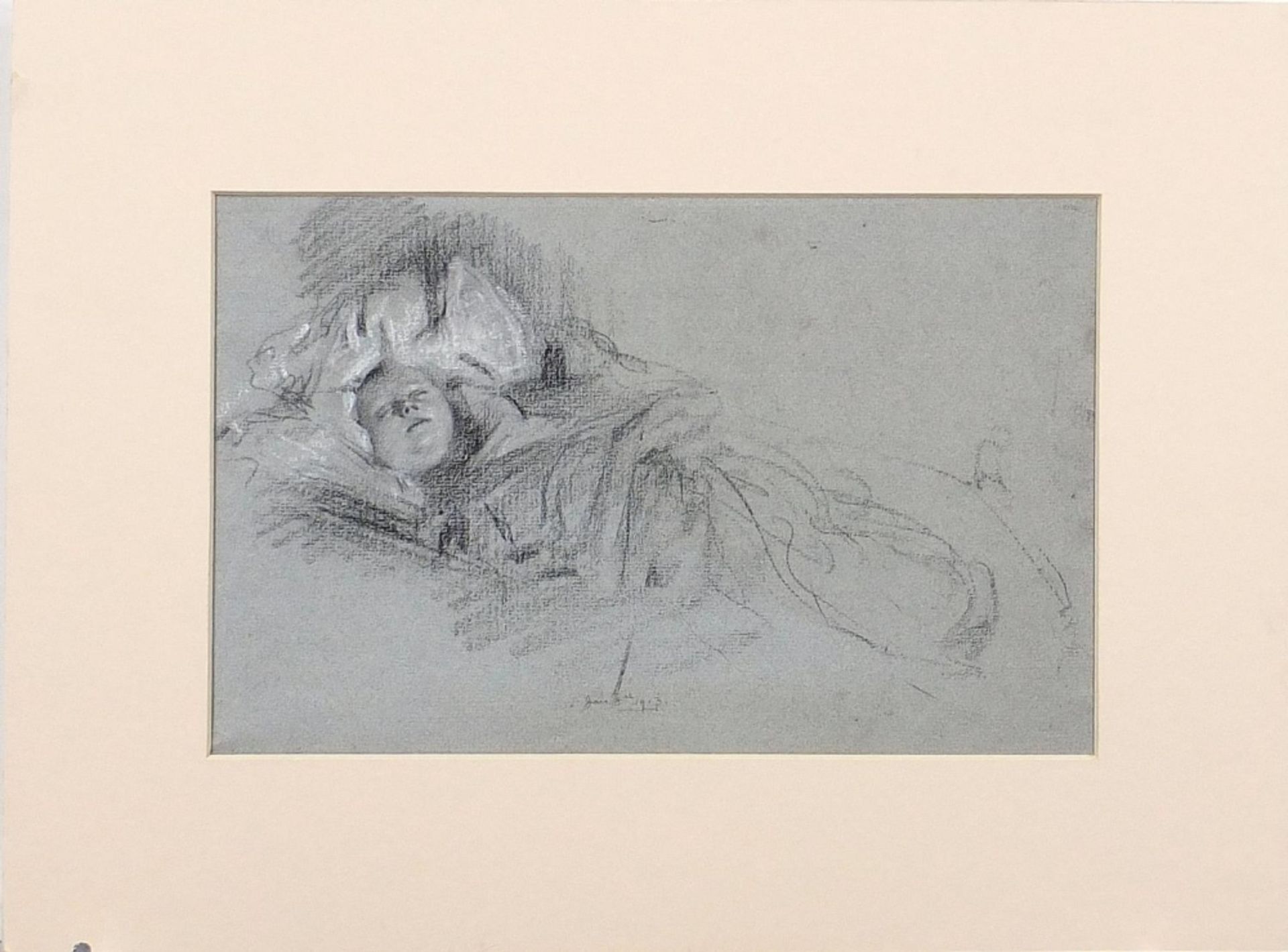 Two sleeping children, pair of early 20th century heightened chalk drawings, dated 8th January 1913, - Image 7 of 9