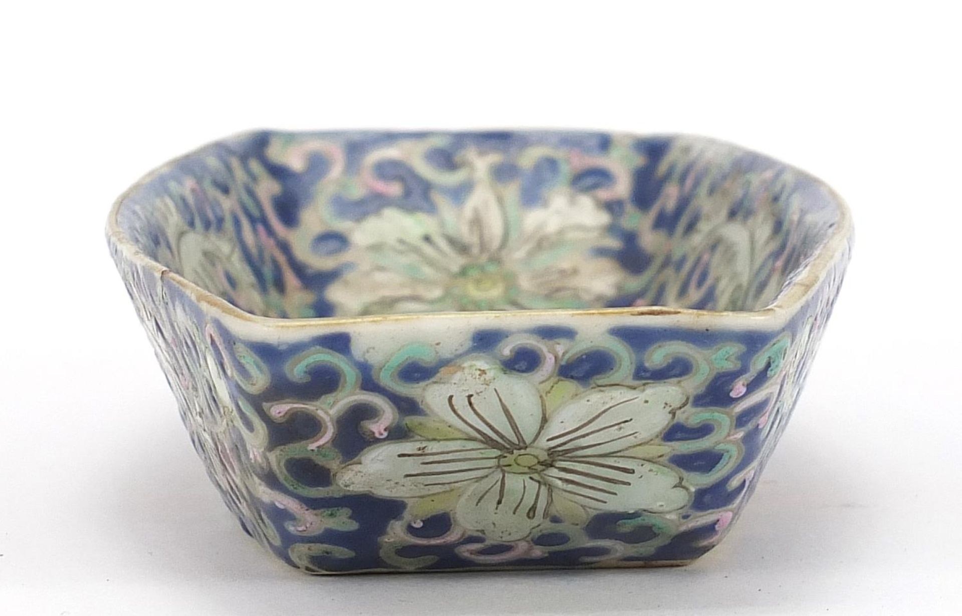 Chinese porcelain blue ground saucer hand painted with flowers, 15.5cm in length : For Further - Image 5 of 8
