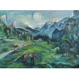 Horses before a mountainous landscape, German Expressionist school oil on board, mounted and framed,