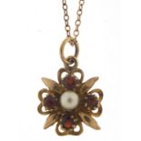 9ct gold garnet and pearl pendant on a 9ct gold necklace, 1.5cm high and 40cm in length, total 2.