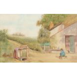 R H Walker - Mother and daughter at a well beside a cottage, signed watercolour, mounted, framed and