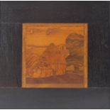 Rowley Gallery, Arts & Crafts wooden marquetry inlaid panel titled Golden Stacks, label verso,
