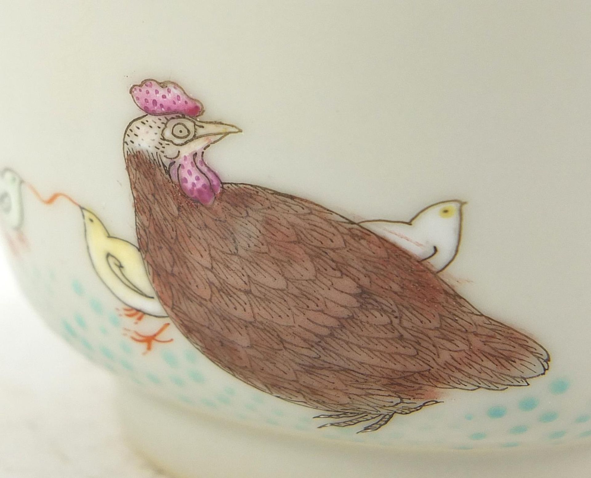 Chinese porcelain bowl finely hand painted in the famille rose palette with chickens and chicks, six - Image 2 of 11