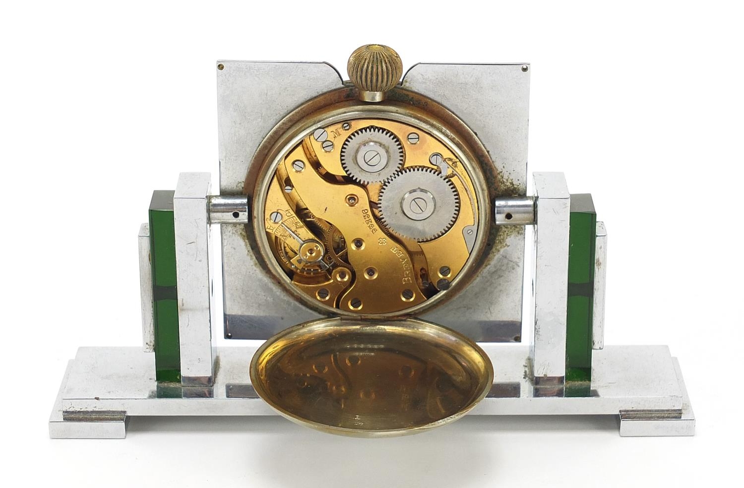 Art Deco chrome and Bakelite eight day desk clock retailed by Asprey of London, 16cm wide : For - Image 4 of 7