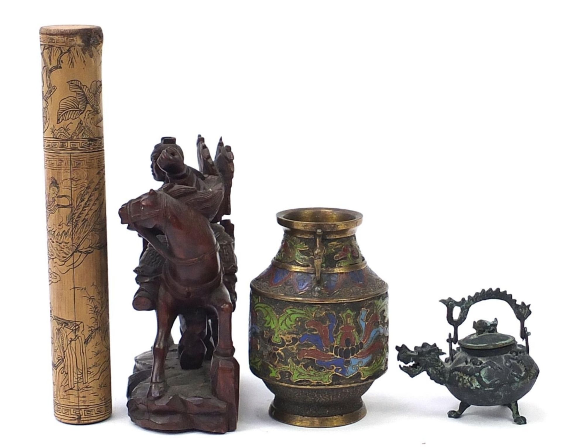 Chinese wooden and metalware including a cloisonne enamel vase, bronze dragon teapot, bamboo - Image 4 of 8