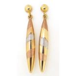 Pair of 9ct gold three tone drop earrings, 3.5cm high, 1.3g : For Further Condition Reports Please