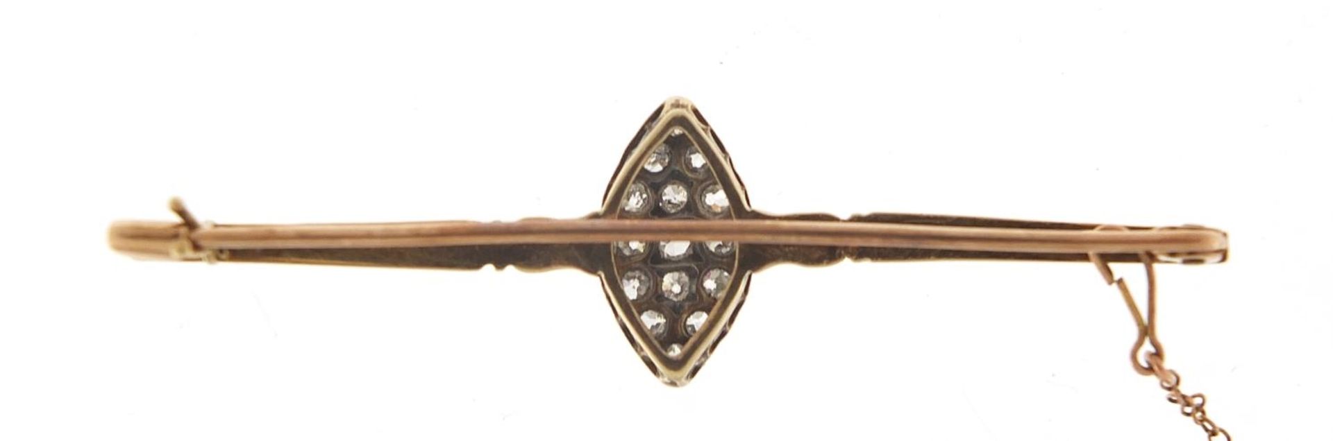 Antique unmarked gold diamond marquis cluster bar brooch, the diamonds approximately 2.2mm in - Image 3 of 3