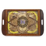Rectangular inlaid wood and butterfly wing tray with twin handles, 52.5cm wide : For Further