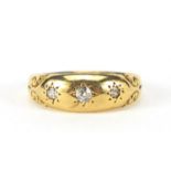 18ct gold diamond three stone Gypsy ring, size L, 2.7g : For Further Condition Reports Please