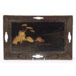 Chinese black lacquered chinoiserie tray gilded with a landscape, 34cm wide : For Further