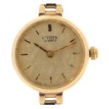Citizen, ladies 9ct gold quartz wristwatch with 9ct gold strap with box and paperwork, 17mm in
