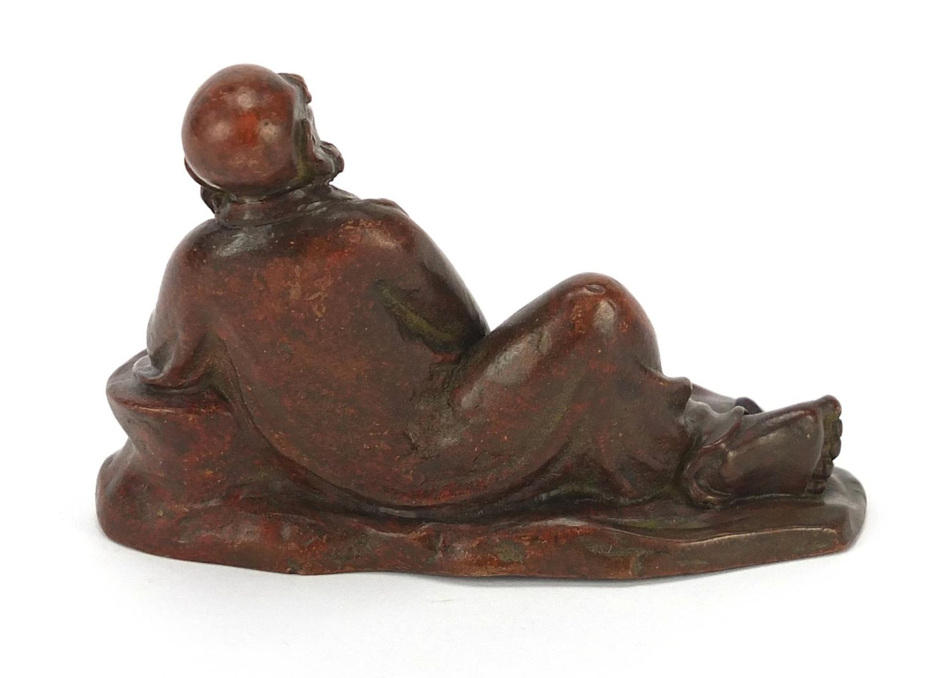 Japanese patinated bronze figure of an immortal, character marks to the base, 8cm wide : For Further - Image 4 of 8