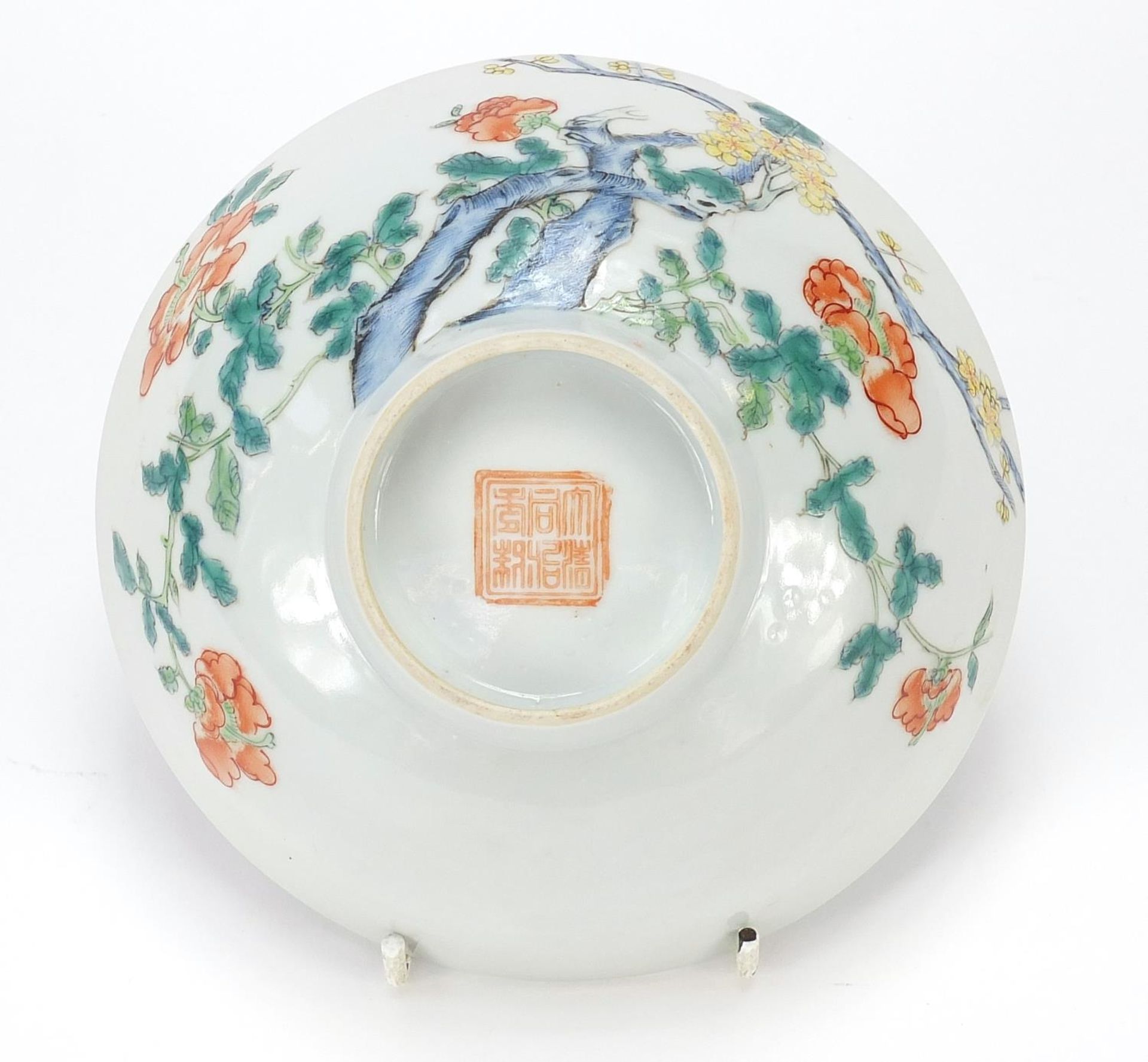 Chinese porcelain bowl hand painted in the famille rose palette with flowers, six figure character - Image 6 of 8