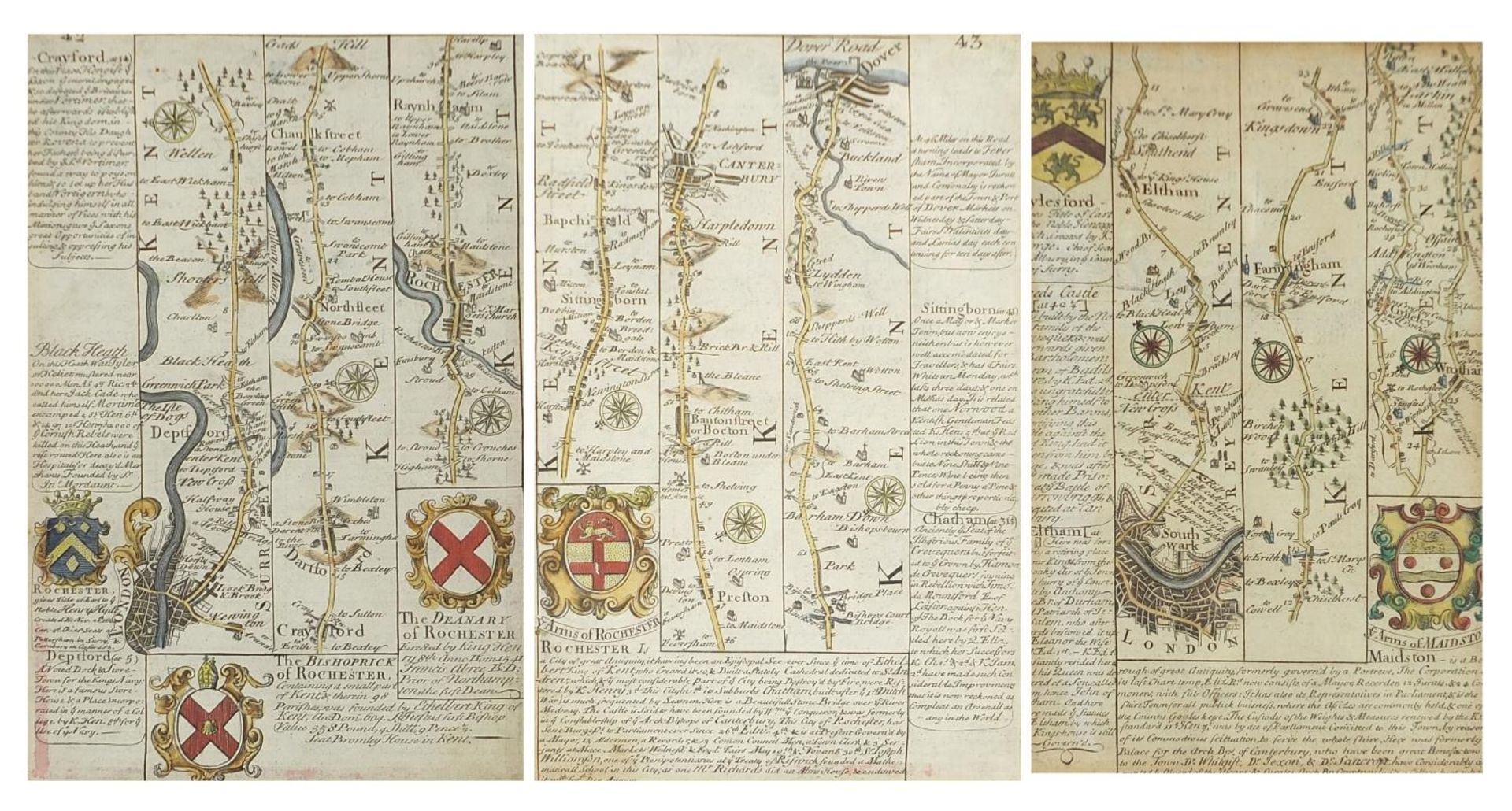 Three antique hand coloured road maps including two by John Owen Emmanuel Bowen, mounted, framed and - Image 2 of 20