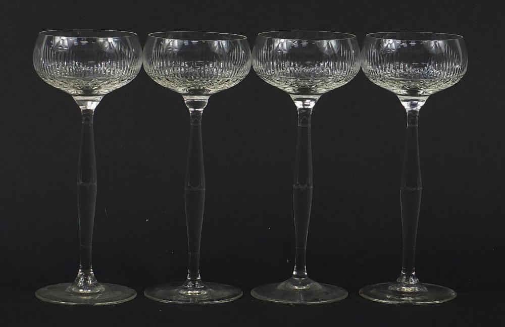 Set of four cut crystal tall glasses, 20cm high : For Further Condition Reports Please Visit Our