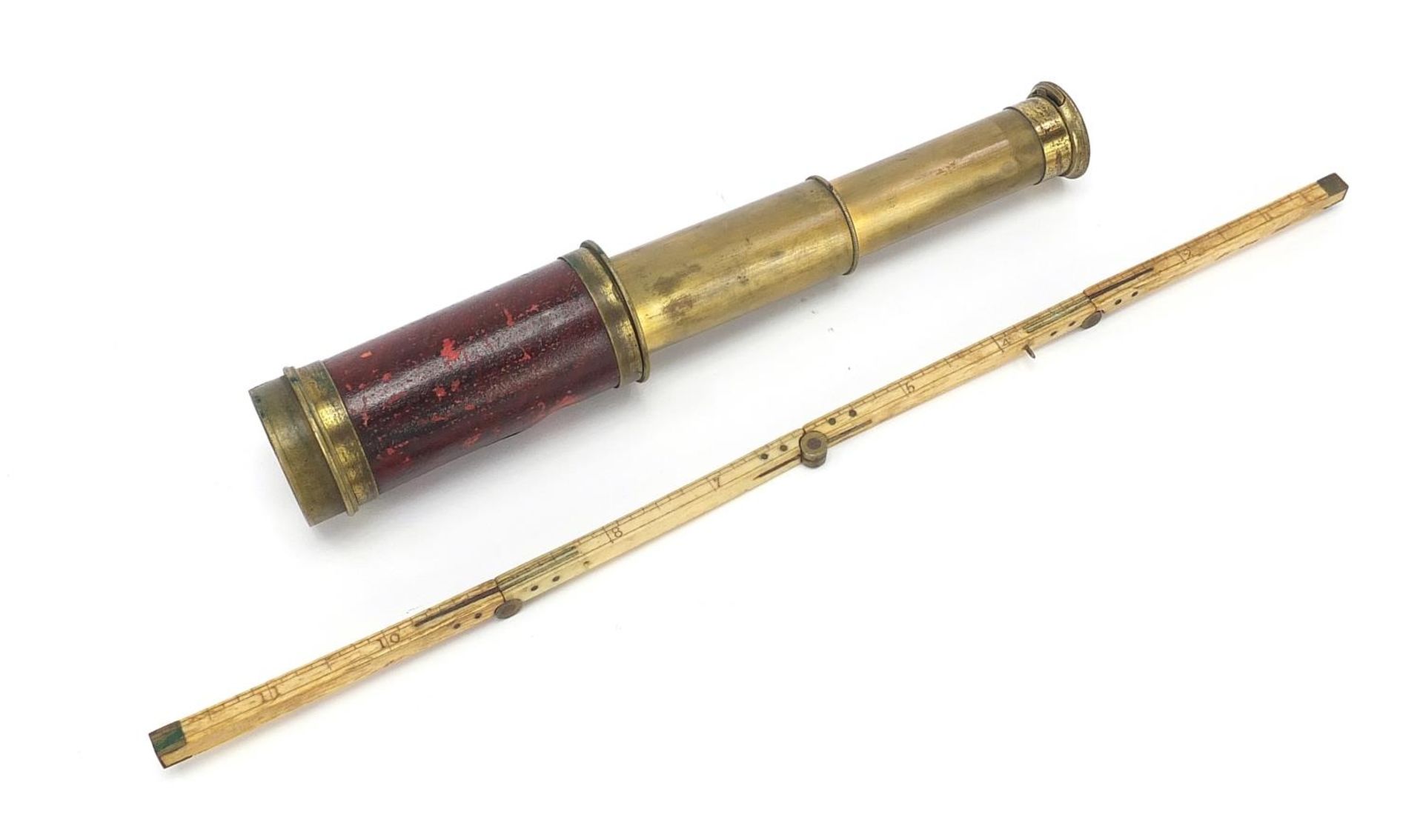 19th century folding ivory rule and two draw brass telescope, the largest 9cm in length when - Bild 3 aus 8