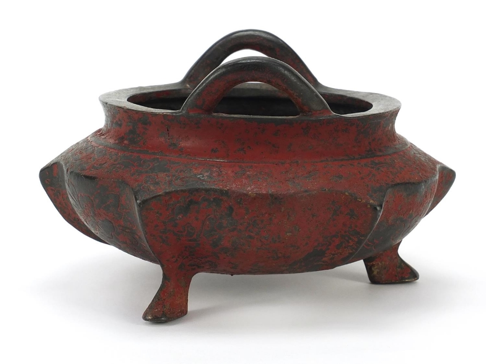 Chinese bronze tripod censer with twin handles, four figure character marks to the base, 16.5cm wide - Image 2 of 7