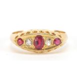 Victorian 18ct gold garnet and diamond five stone ring, Birmingham 1863, size N, 2.1g : For