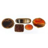 Five antique Scottish agate brooches with gilt metal mounts, the largest 6.5cm wide : For Further