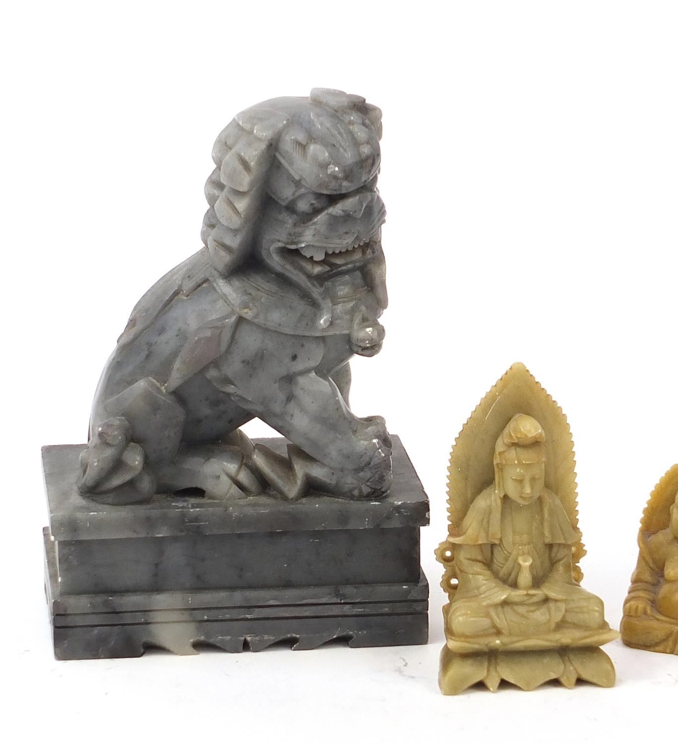 Chinese stone carvings including a pair of Foo dogs and a Buddha, the largest each 18cm high : For - Image 2 of 8