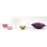 Art glassware including two Czech bowls, Whitefriars jug and a large amethyst glass centre bowl, the
